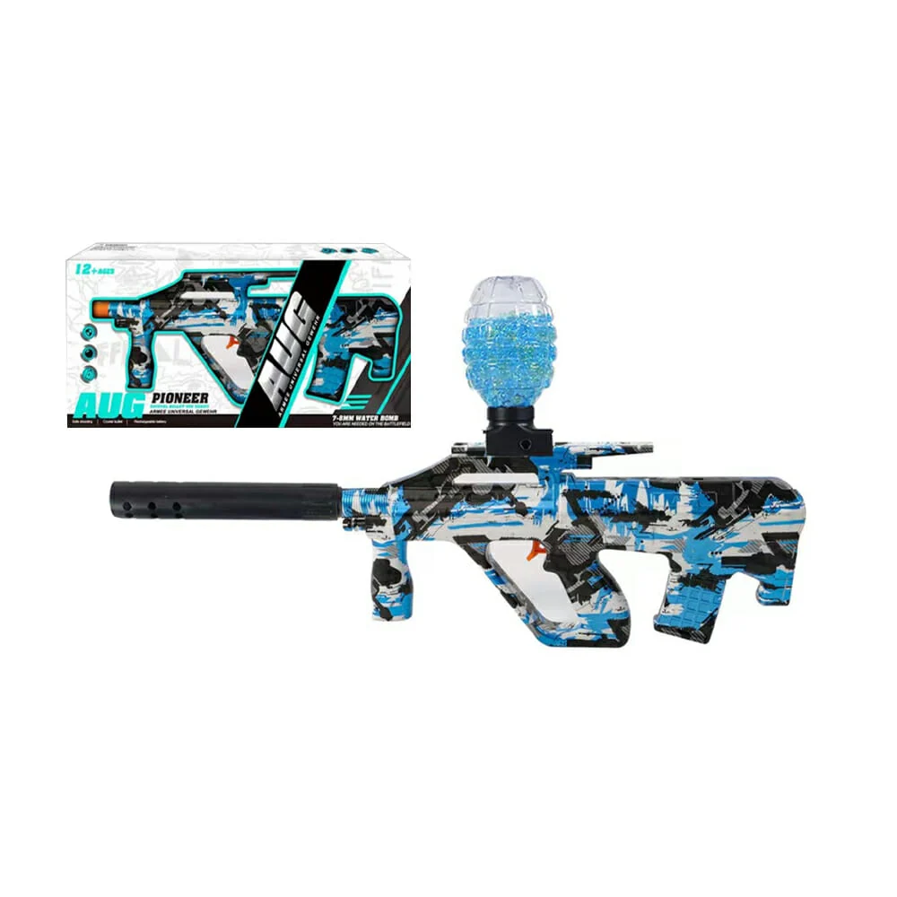 Pistola aug diseño tipo grafiti azul blanco con modo automático para lanzar bolitas de hidrogel 7-8mm / m03a