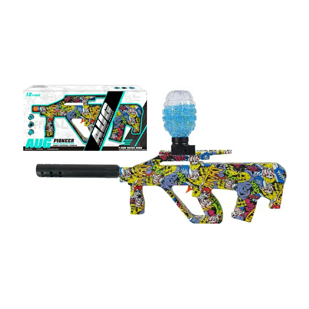 Pistola aug diseño tipo grafiti de calaveras con modo automático para lanzar bolitas de hidrogel 7-8mm / m03c