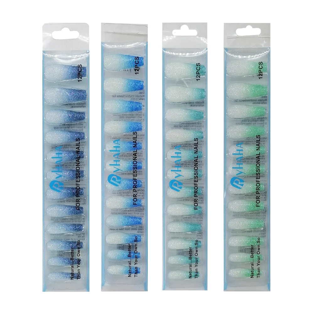 Set 12 uñas postizas en forma ballerina con glitter bicolor, variedad de colores / ryhaha / m2-10g-118