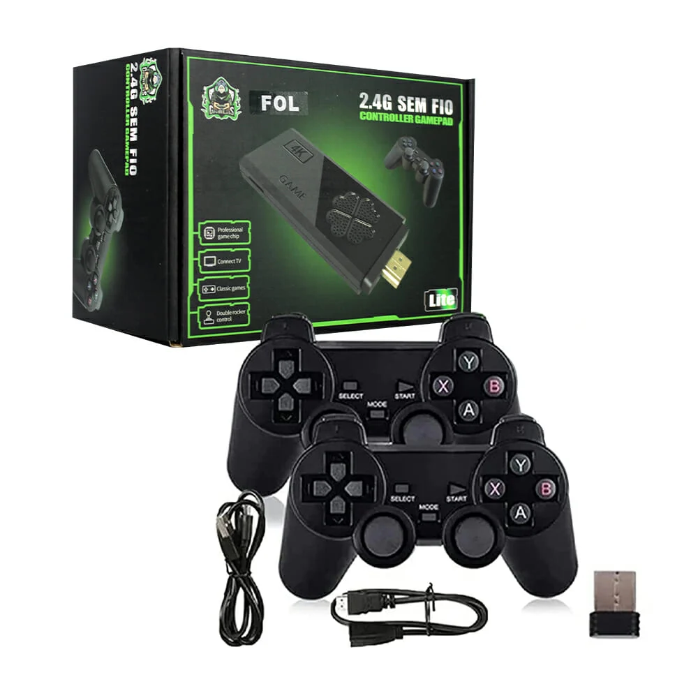 Consola controller gamepad lite hdmi wireless 2.4ghz fol con 2 controles y memoria 64gb de juegos retro clásicos / sem fio