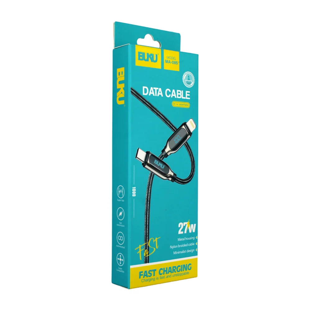 Cable buku de 1 metro con entradas tipo c a lightning de 27 watts, fast charging, diseño metalico / ma-085