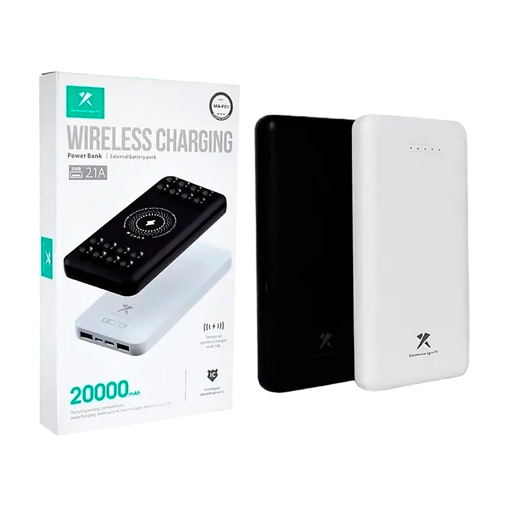 Power bank batería portátil con capacidad 20000mah, ventosas y 2 puertos usb / wireless charging / ma-f01