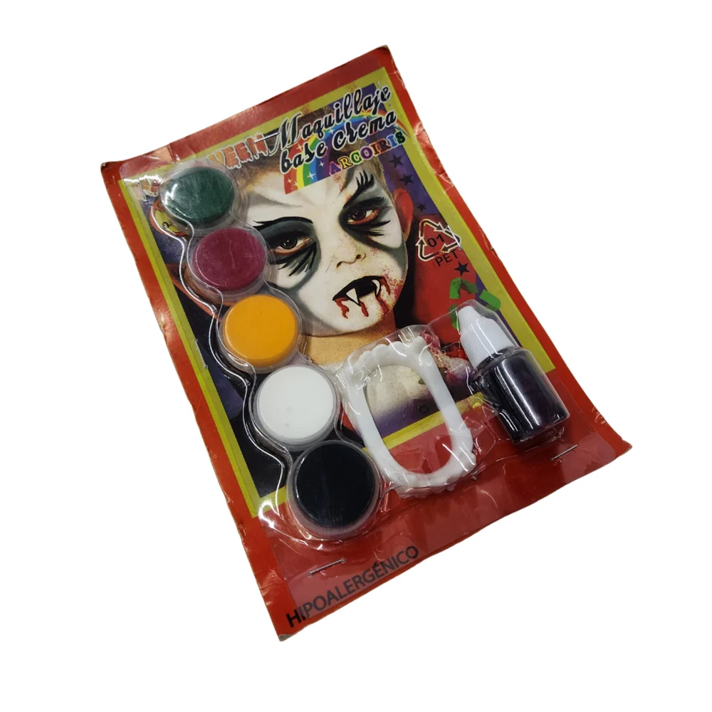 Maquillaje para Halloween mediano infantil con 5 pintura para la piel de colores, colmillos y frasco de sangre falsa / x-3