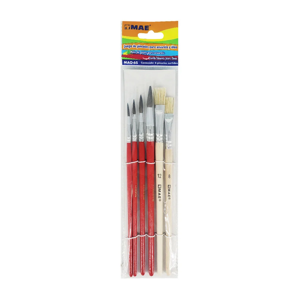 Paquete con 6 pinceles mae de cerdas suaves para acuarela y óleo, variedad de colores / mao-6s