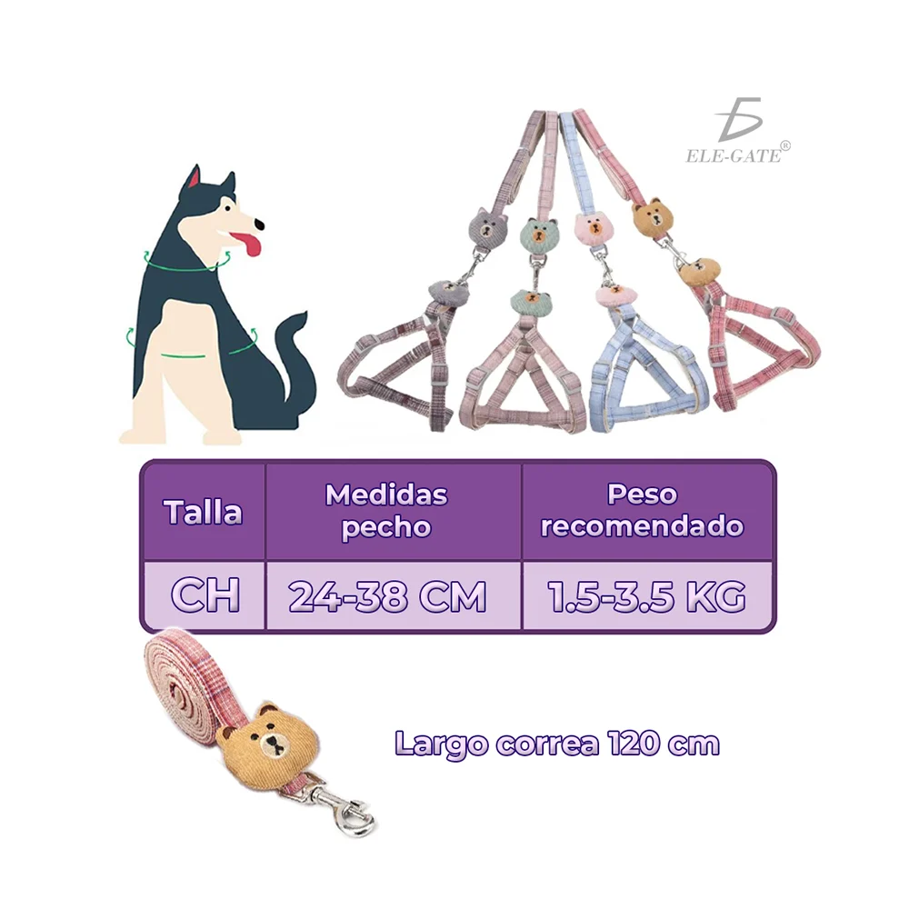 Juego de pechera ajustable con correa para mascotas con diseño de cuadros y animalito de peluche, variedad de colores / mas.25.11