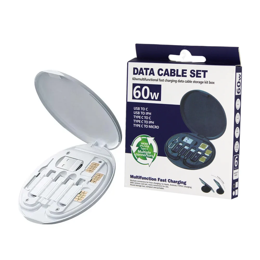 Estuche redondo de plástico con set de cables para datos con entradas intercambiables, llave para pin sim y cable de 60w, variedad de datos / data cable set / max29
