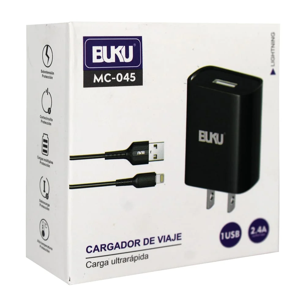 Combo cargador de viaje de carga ultrarápida con entrada usb-lightning, 2.4a / mc-045+lightning