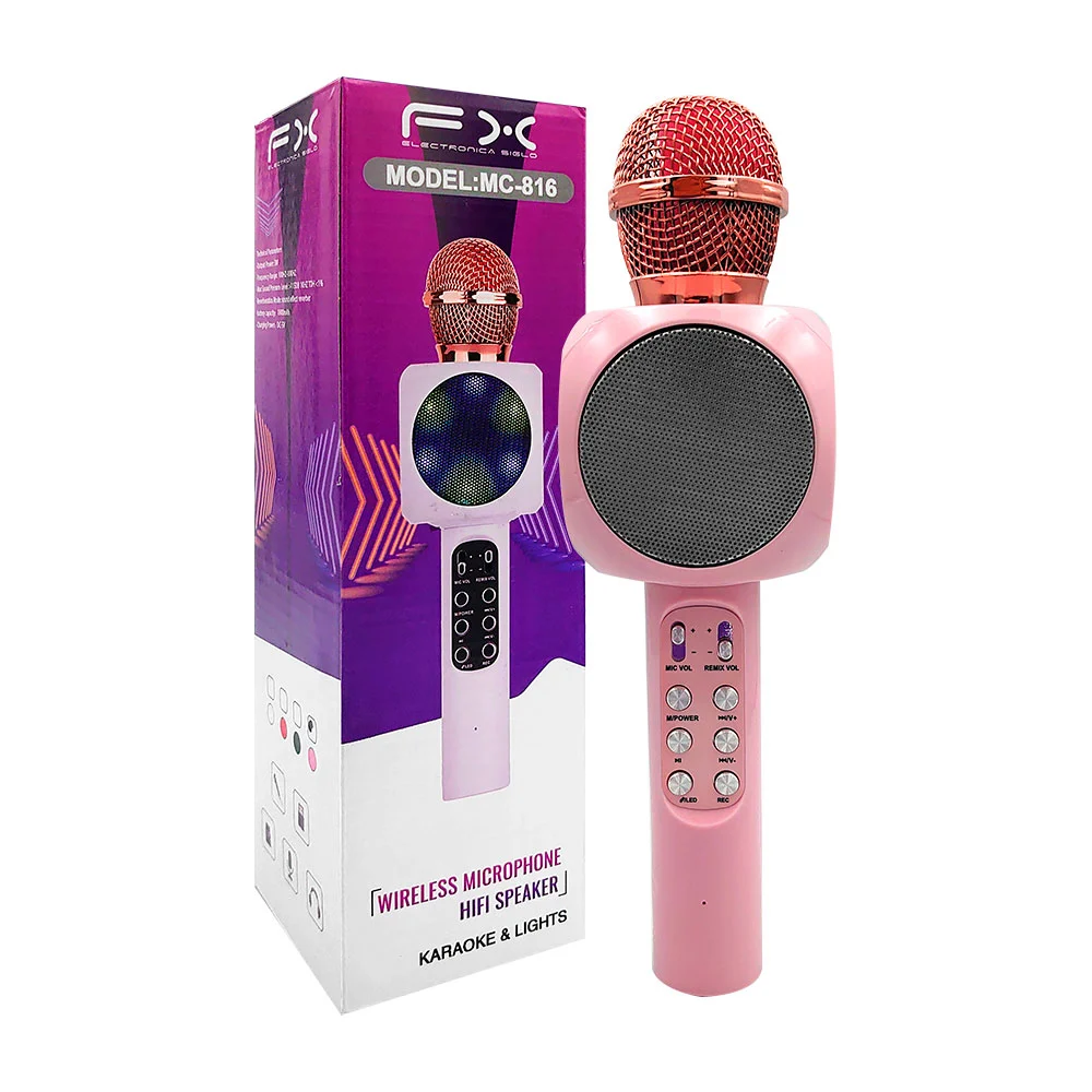 Bocina en forma de micrófono recargable con luz rgb, entrada usb, tf, auxiliar, variedad de colores / mc-816 / karaoke y lights
