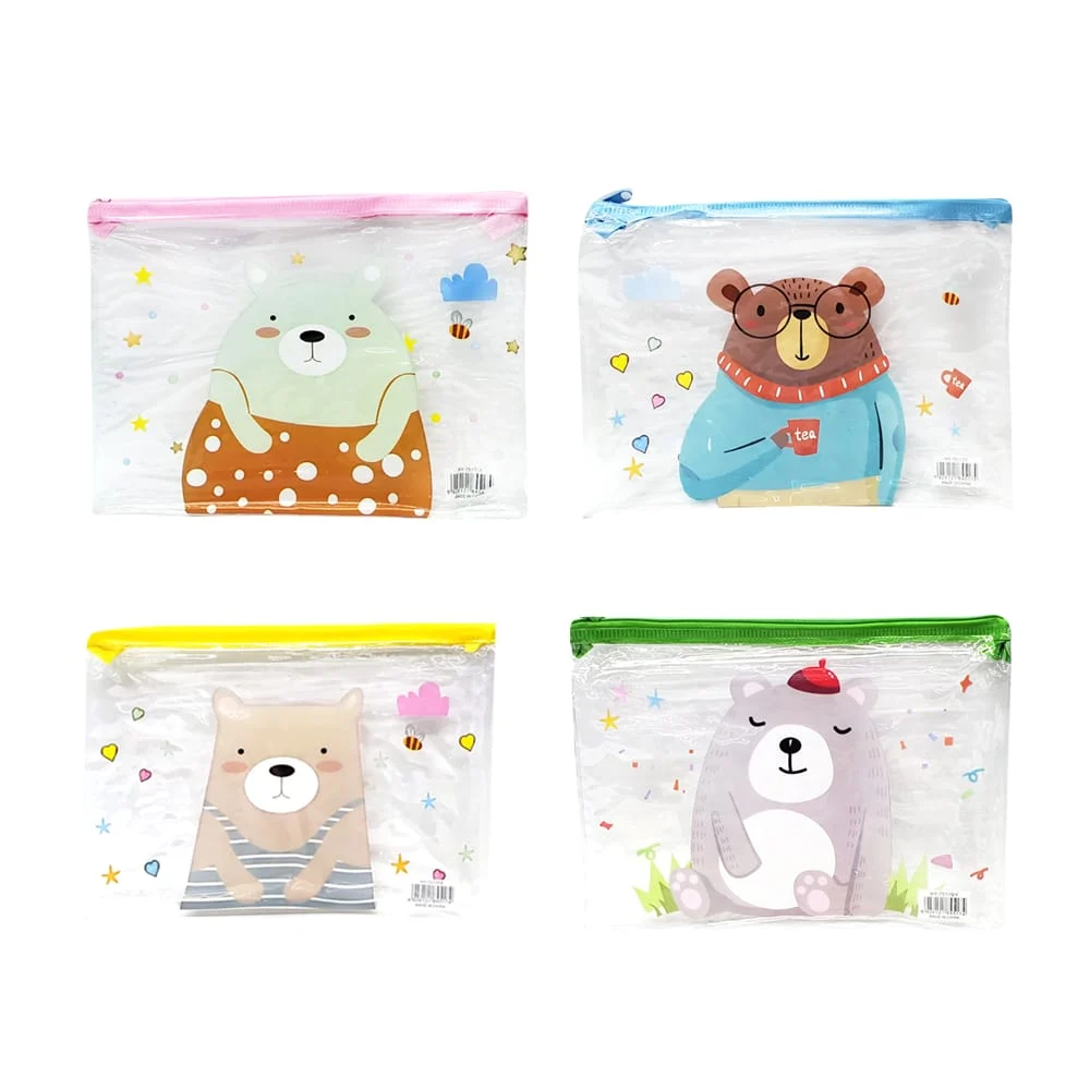 1pza Lapicera mediana transparente con cierre y diseño animado 21x16cm, variedad de colores / hy-7517 / b56 / hy-7517by / hy-7517zx