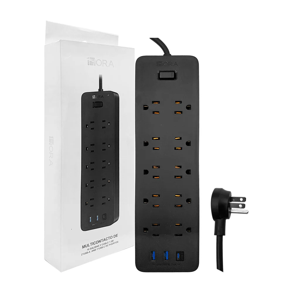 Barra multicontacto 1hora con 10 puertos tomacorriente, 3 puertos usb, puerto tipo c y cable de 1.5m / mct002