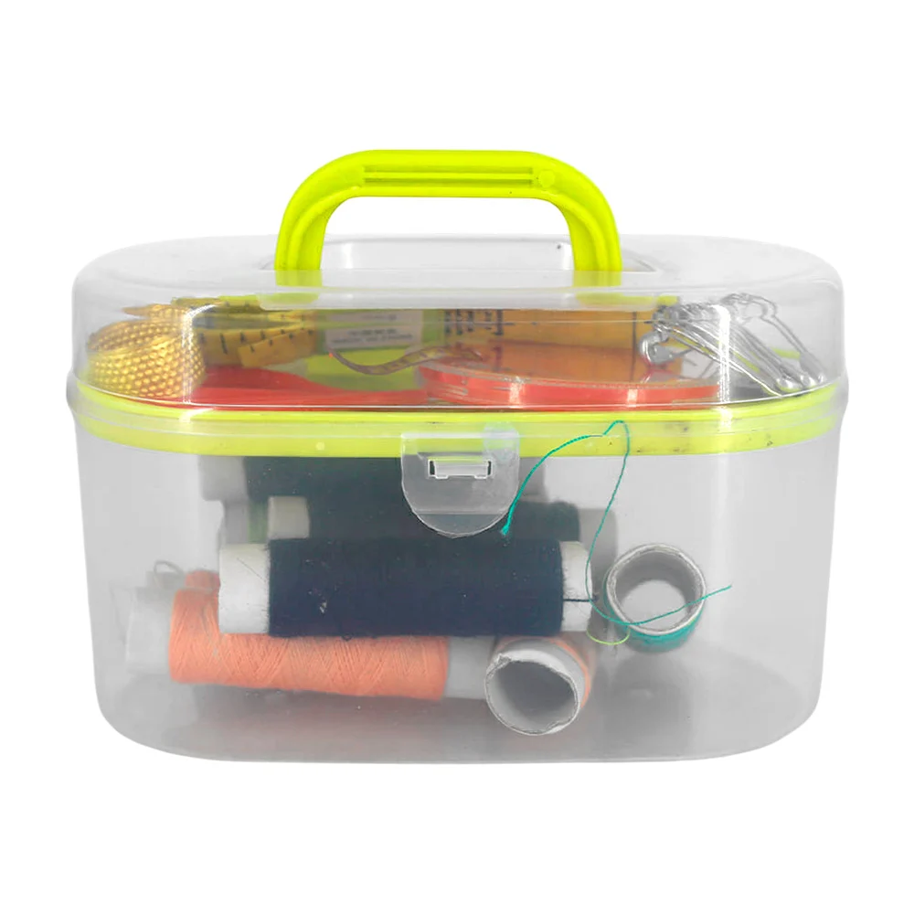 Estuche ovalado transparente con 8 o 9 hilos, 10 agujas, tijeras, cinta métrica de costura, 4 botones y 10 pasadores de seguridad / X035