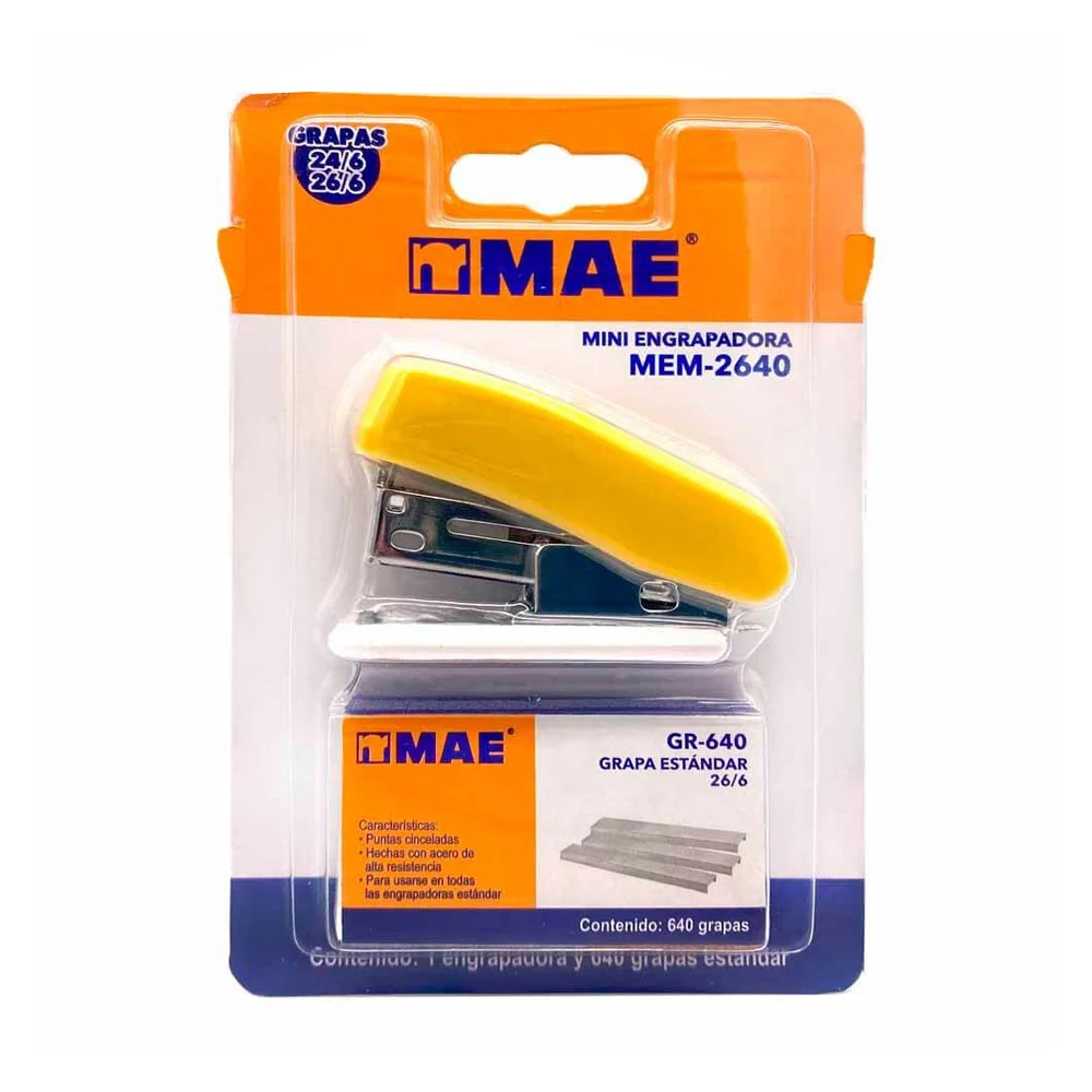 Mini engrapadora mae con caja de 640 grapas medida 26/6, variedad de colores / mek-2640