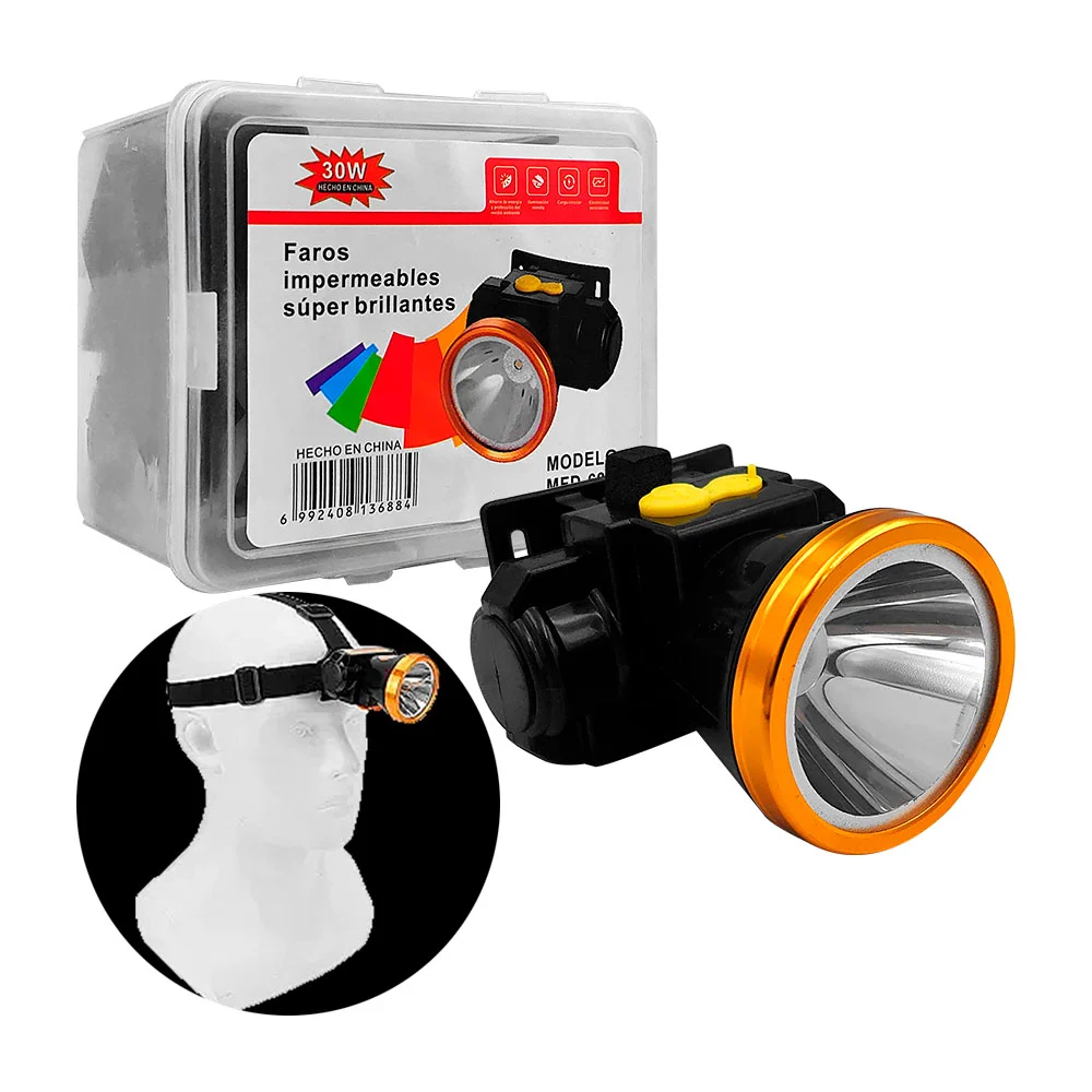 Lámpara - linterna frontal tipo minero recargable de 30w impermeable con 3 modos de iluminación / mfd688a