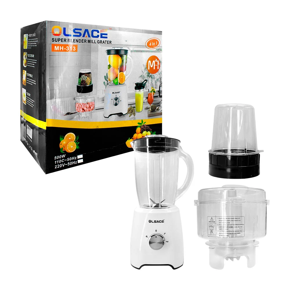 Licuadora eléctrica de plástico 4 en 1, multifuncional, de 3 velocidades con pulso, jarra de 1600ml, molino, rallador y recipiente pequeño, 500w, variedad de usos / mh-313