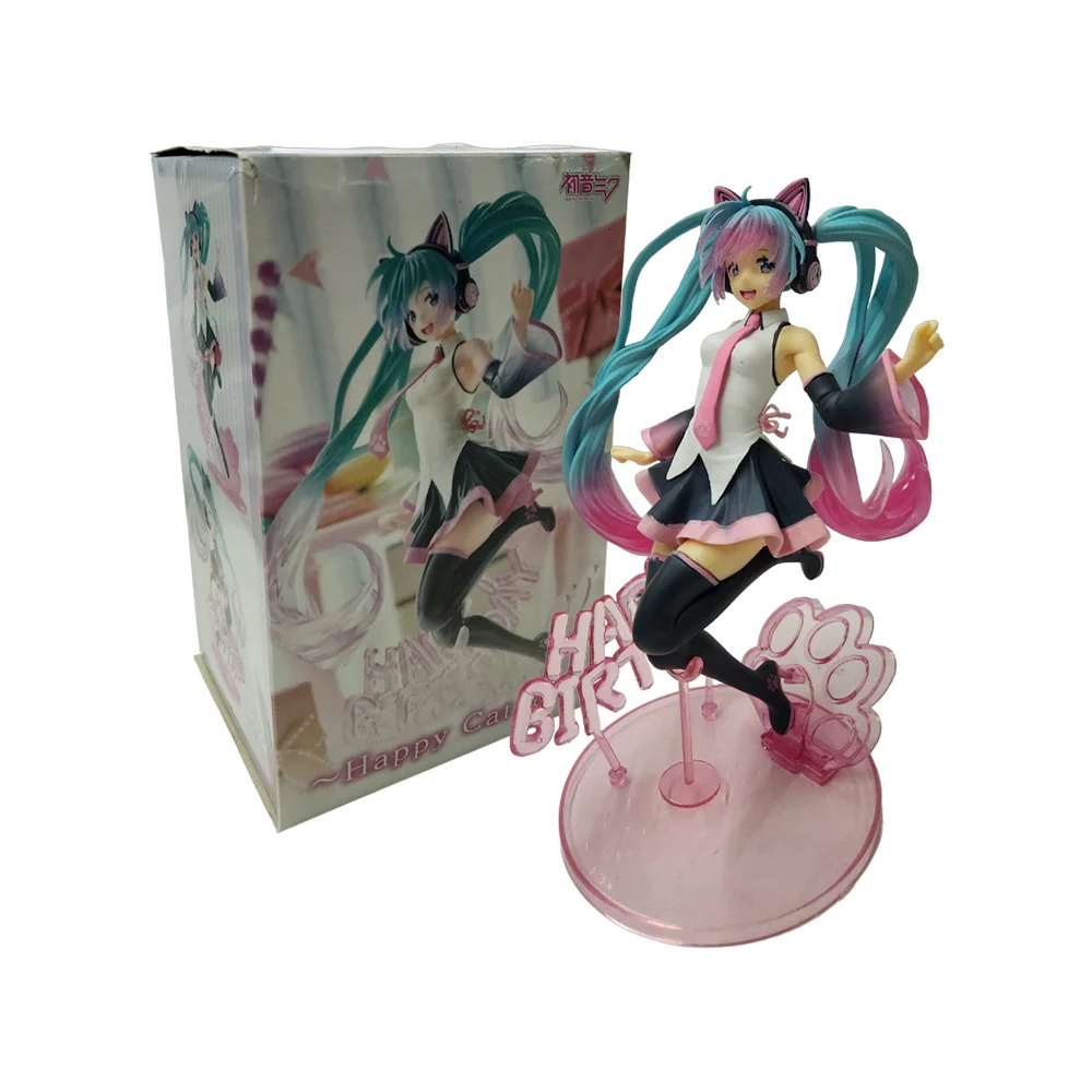 Figura coleccionable de hatsune miku con base transparente y letrero de happy birthday / msn-10