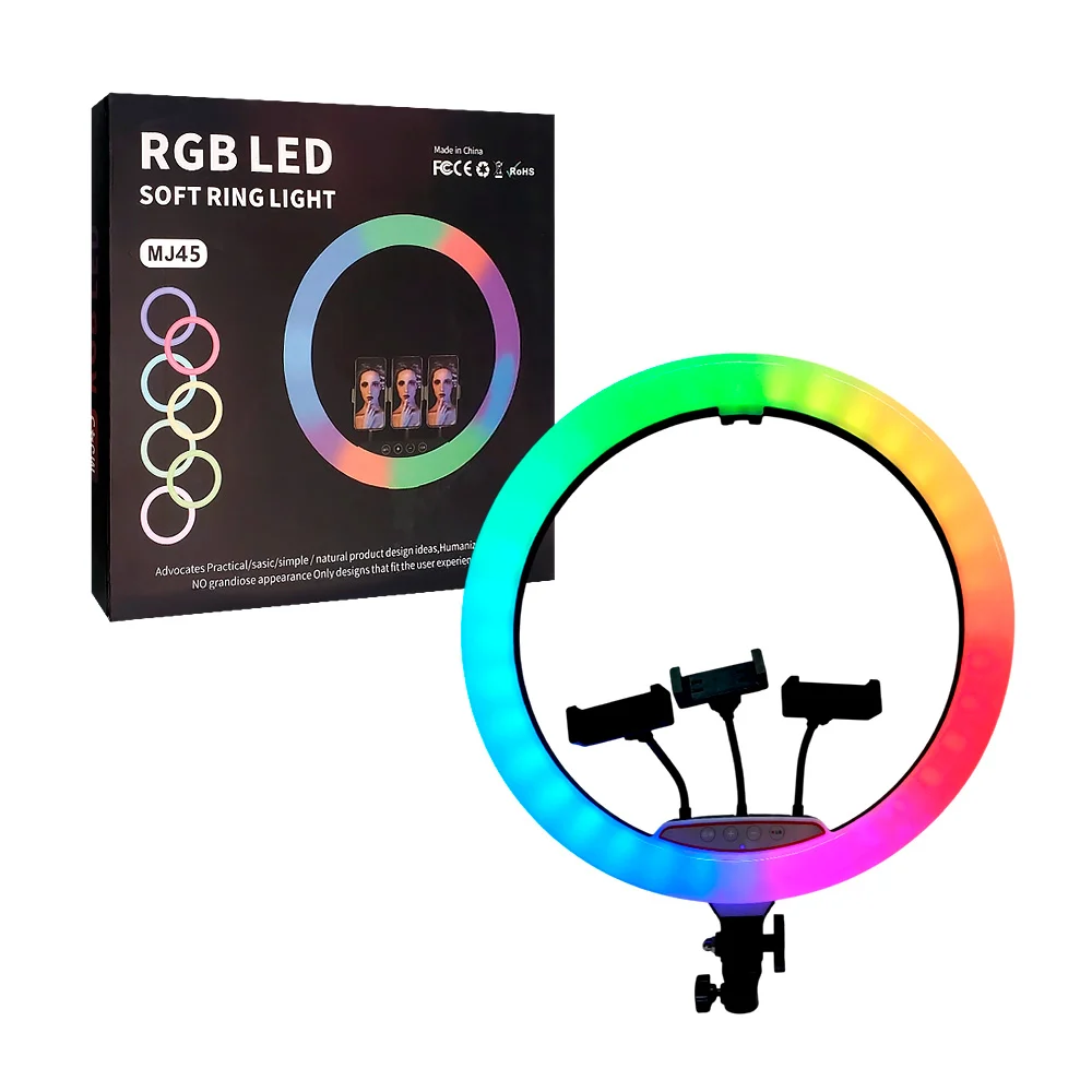 Aro de luz rgb de 45cm con 3 soportes para celular y control remoto / zy-mj45