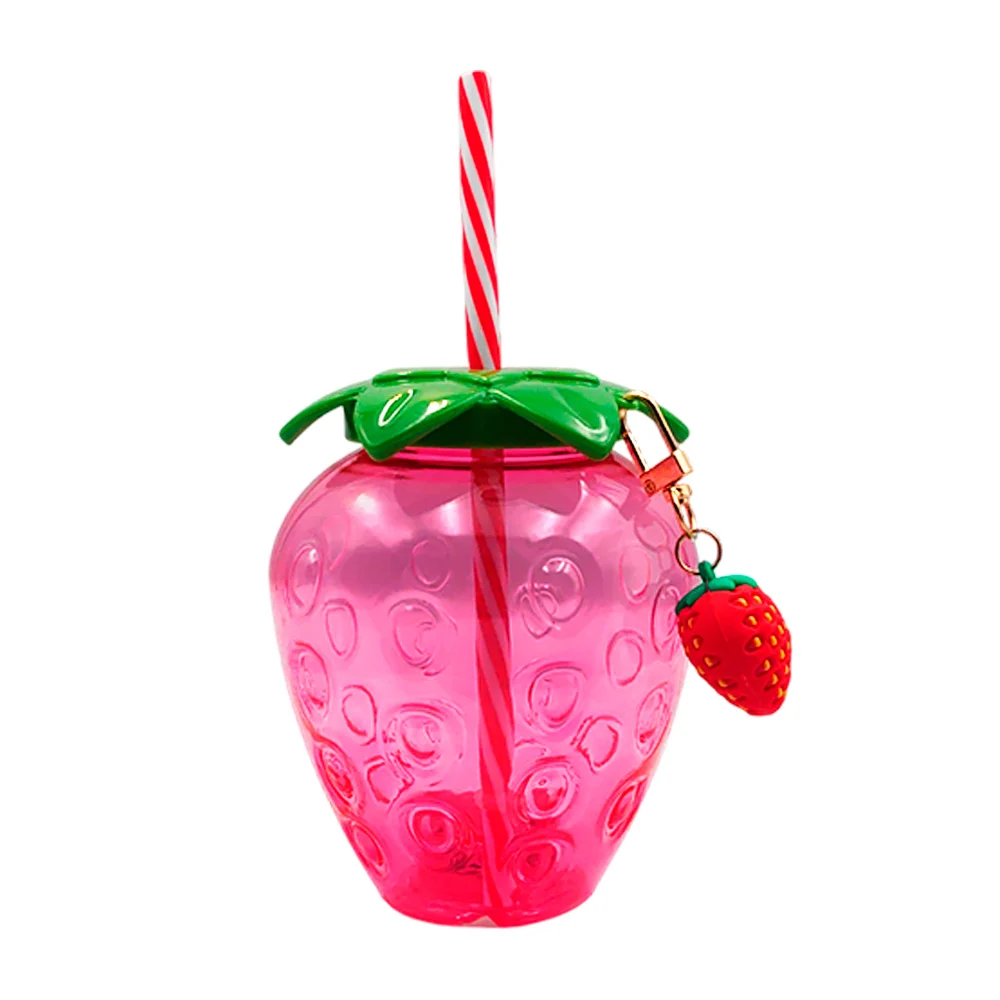 Bote de plástico rellenable en forma de fresa con popote, luz y llavero / mk-v-17