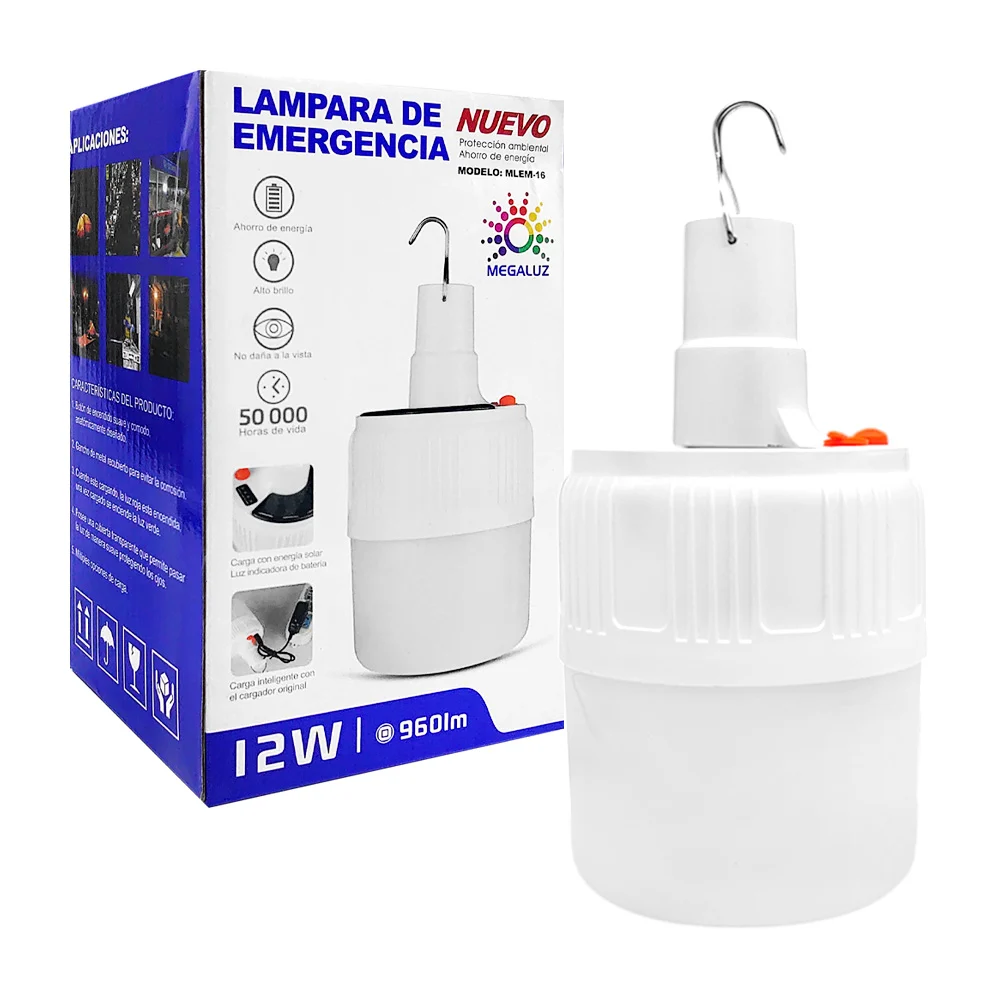 Foco led de emergencia recargable con panel solar, gancho para colgar y consumo de 12 watts / em09w12