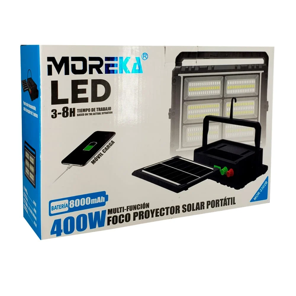 Foco proyector moreka con panel solar, 400w, 8000mah / mor-2302b
