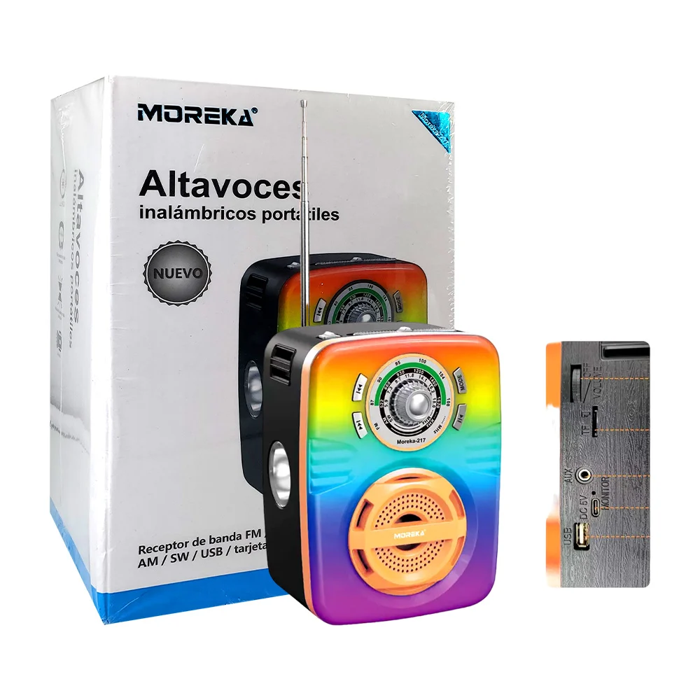 Bocina inalámbrica bluetooth moreka con radio fm-am, puerto usb-tf, 135x115x185mm y luces rgb / moreka-217