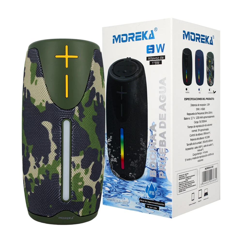 Bocina recargable moreka de 8w con luz RGB, aprueba de agua, batería de 1200mah, variedad de diseños / moreka / m-383