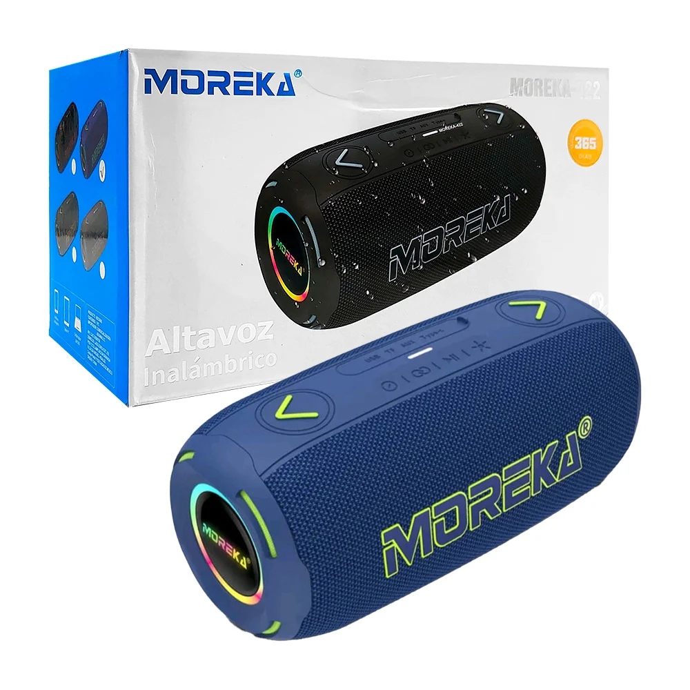 Bocina inalámbrica cilíndrica con detalles en rgb, entrada usb, auxiliar y texto de moreka, variedad de colores / moreka-422