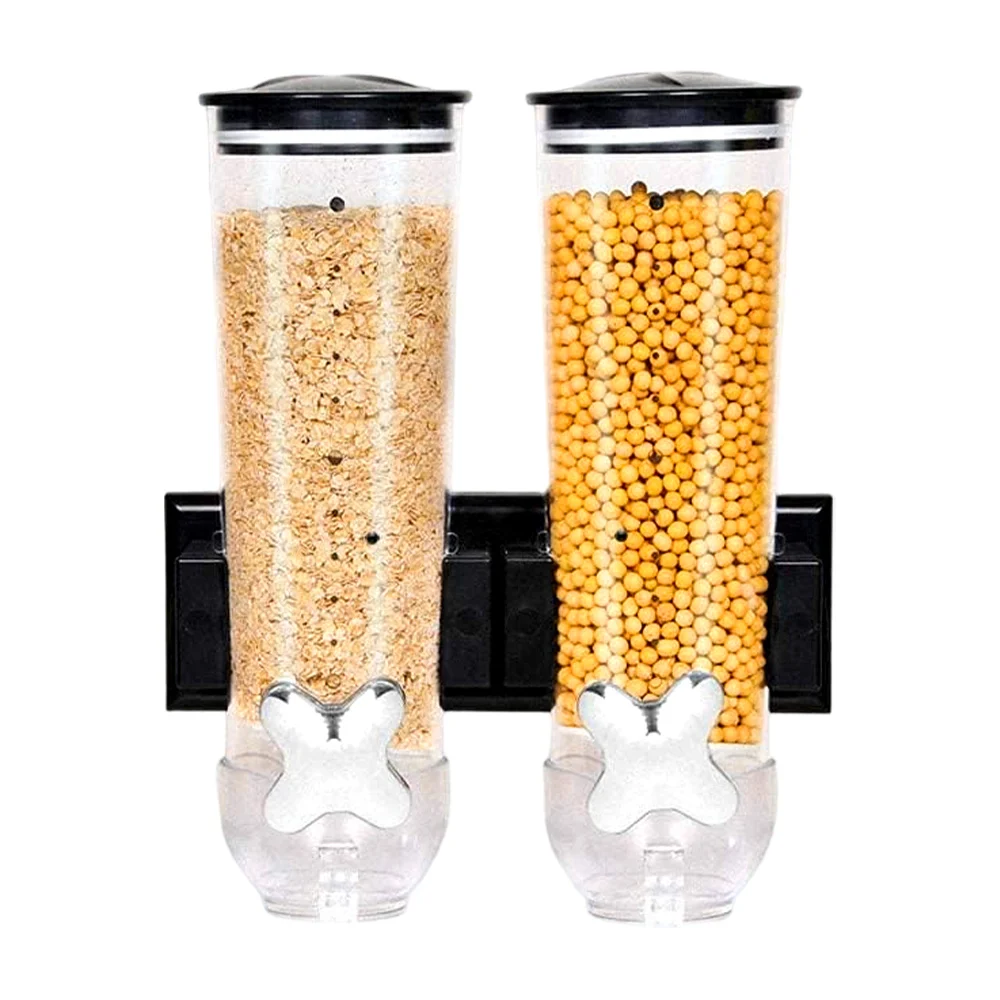 Dispensador cilíndrico transparente doble para cereal con 2 perillas giratorias, 11x31cm, variedad de colores / mpg-867 / double cereal dispenser