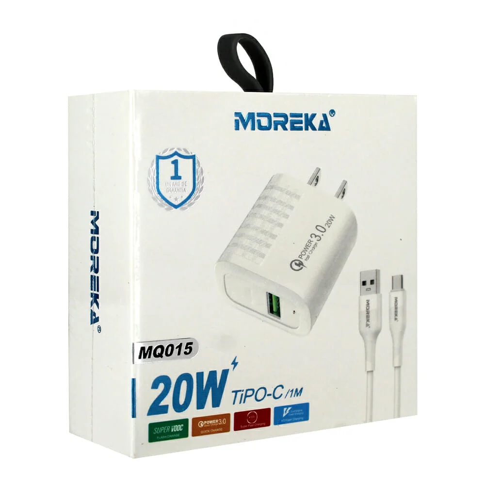 Combo cargador moreka de 20w con cable de 1 metro entrada tipo-c / mq015