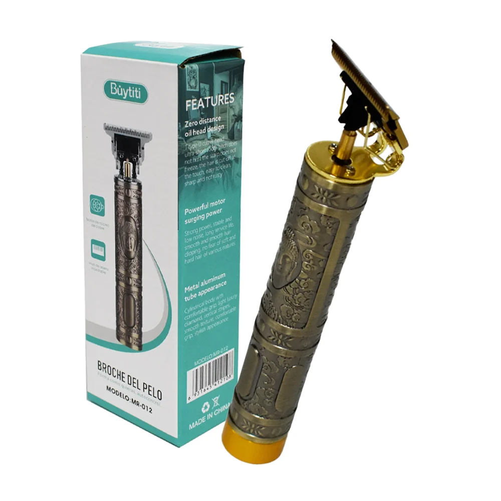 Maquina trimmer profesional para el cabello inalámbrica con diseño degradado, diseño de buda, cepillo de limpieza y 4 peinetas vintage / mr-012