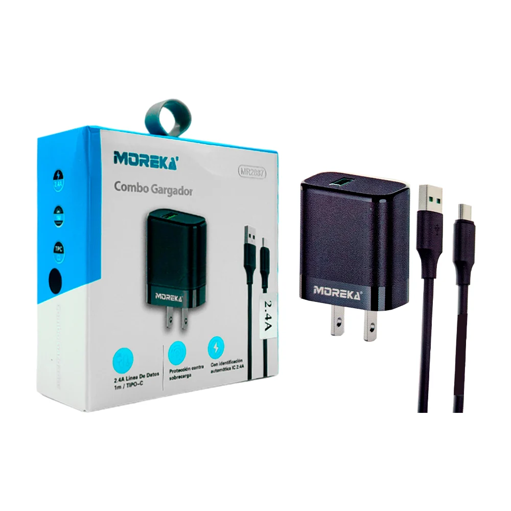 Combo moreka cubo cargador con puerto usb + cable usb a tipo c de 1m, 2.4a / mr2887