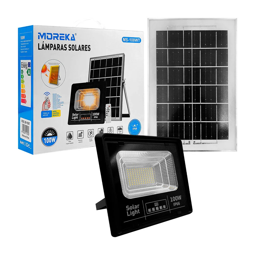 Lámpara - reflector de 100w con panel solar, protección ip66, brillo ajustable y temporizador + control remoto / ms-100wt