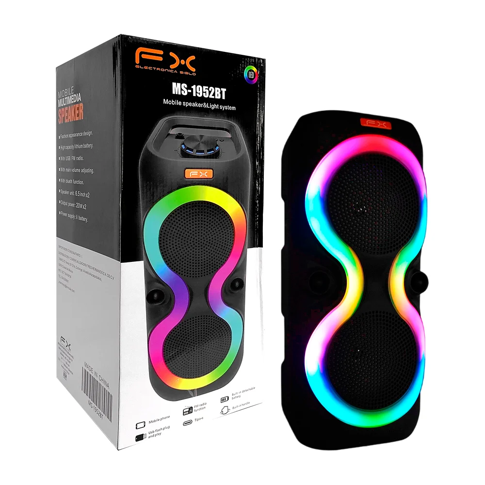 Bocina altavoz bluetooth portátil fx de 6.5x2 pulgadas en forma cilíndrica con luces rgb + entrada mic y usb / ms-1952