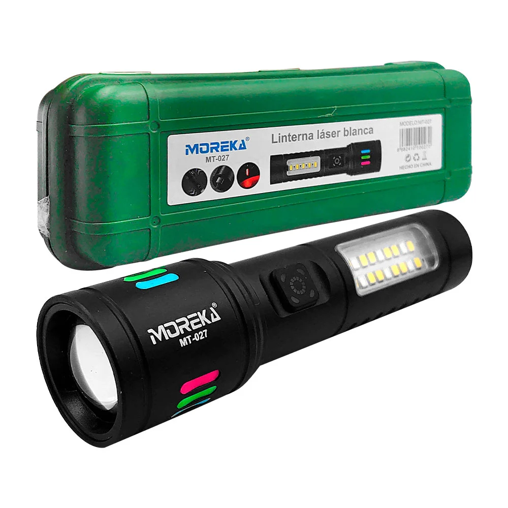 Linterna láser de mano recargable led con zoom ajustable, panel lateral, modos de iluminación y detalles de colores / mt-027