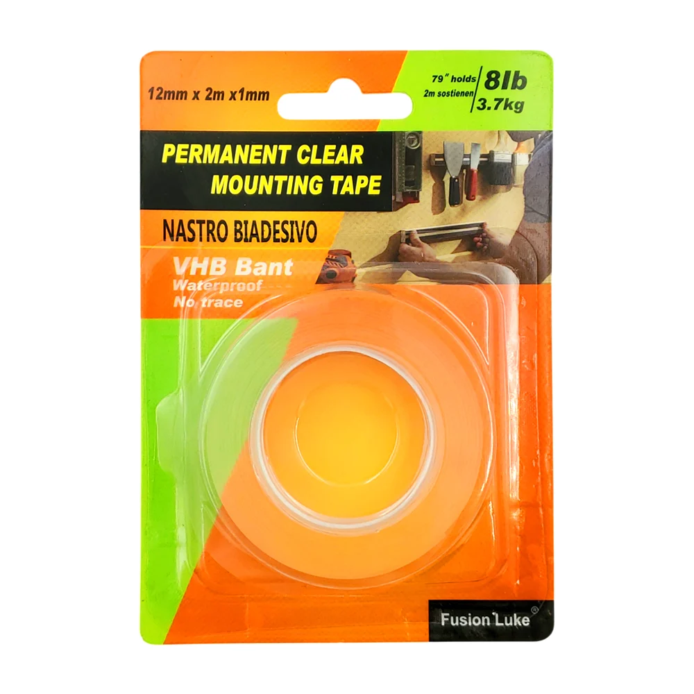 Cinta adhesiva transparente de montaje permanente 3.7kg, 12mm x 2m x 1mm / permanent clear mounting tape / nastro biadesivo / mt1242