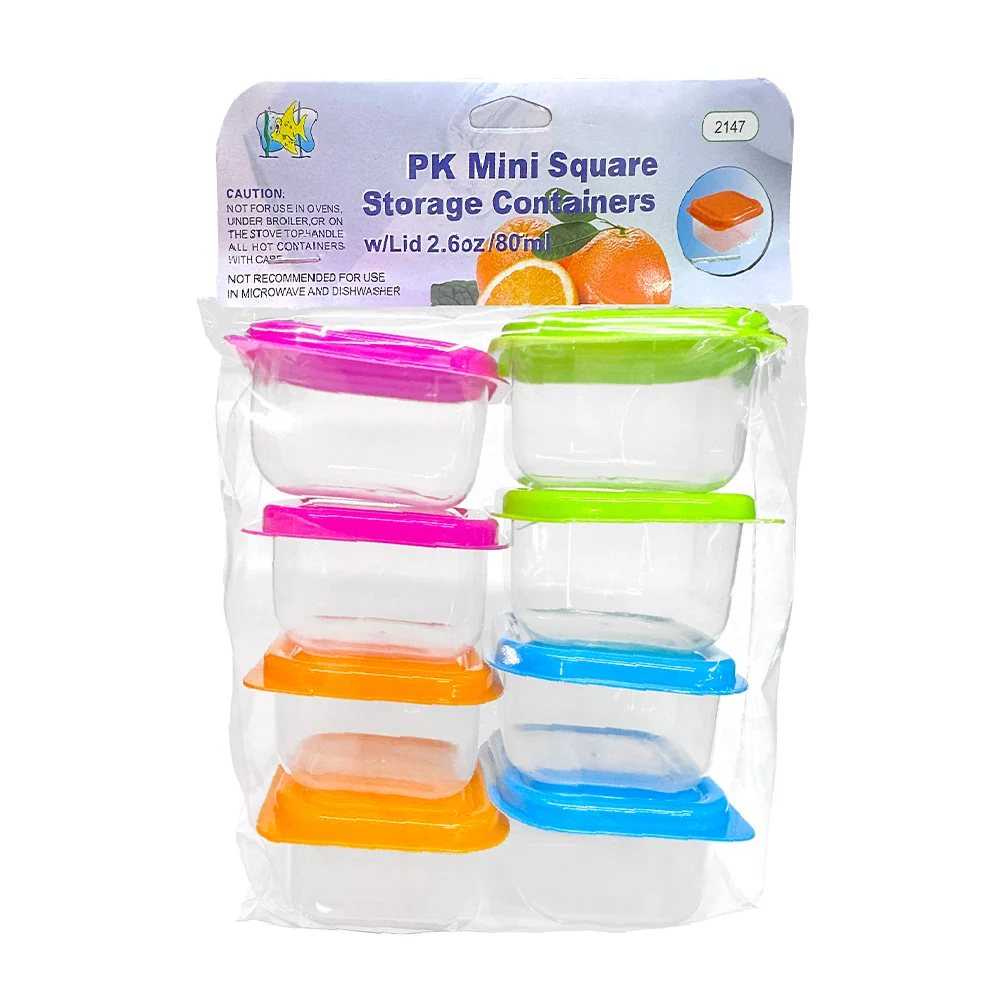 Paquete con 8 recipientes pequeños cuadrados con tapa y capacidad de 80ml, variedad de colores / mt416