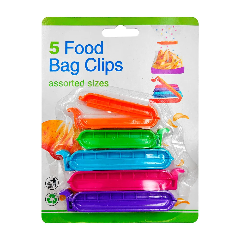 Blíster con 5 clips pinzas para bolsas de alimentos, variedad de colores / 5 food bag clips / mt904