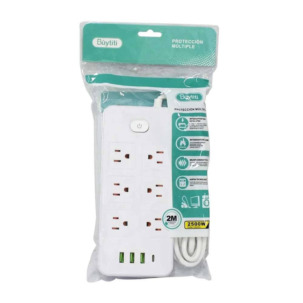 Barra multicontacto buytiti con cable extensión de 2 metros, 6 tomacorriente, 3 puestos usb y un puerto usb-c / buytiti / multi-15