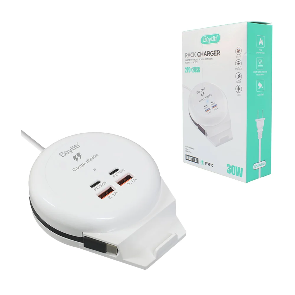 Multicontacto circular de carga rápida buytiti con cable tipo c, 2 puertos usb y 2 puertos tipo c, 100-240v / rack charger / multi-27