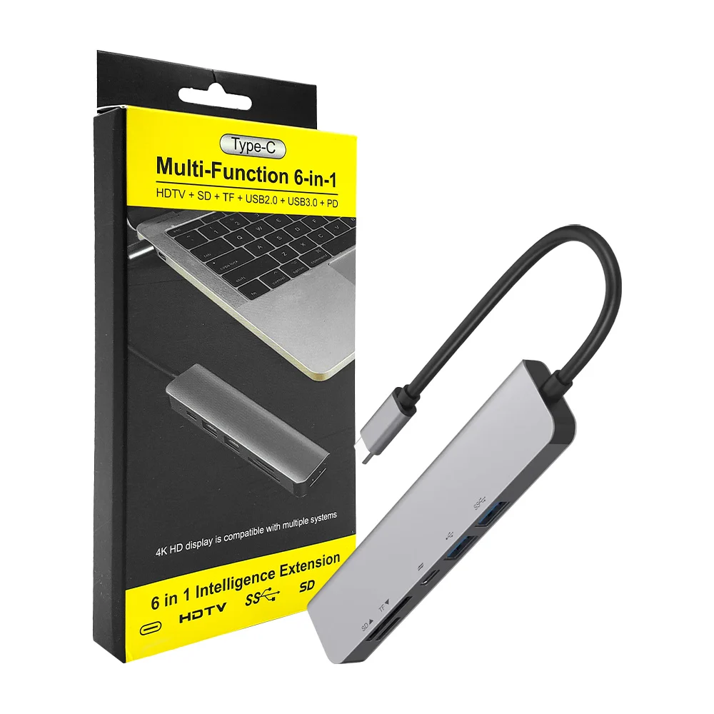 Hub adaptador usb 6 en 1 con entrada hdmi, 2 puertos usb, entrada tipo c, sd y tf / multi-function 6-in-1