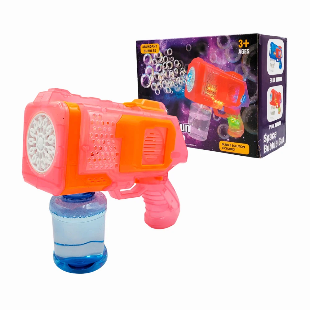 Pistola transparente automatica lanza burbujas con luces led y bote de jabón / space bubble gun / my666