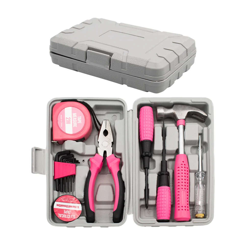Set de herramientas en estuche con flexómetro, cinta, pinzas, martillo, 3 desarmadores y llaves hexagonales metálicas, variedad de usos / n4-136