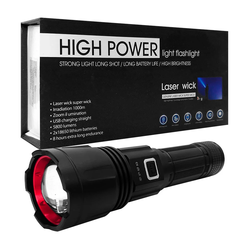 1pza Lámpara de mano táctica, grande, recargable, con asa agarradera, 6 modos de iluminación, 1 entrada tipo c y usb, variedad de funciones / laser wick / high power