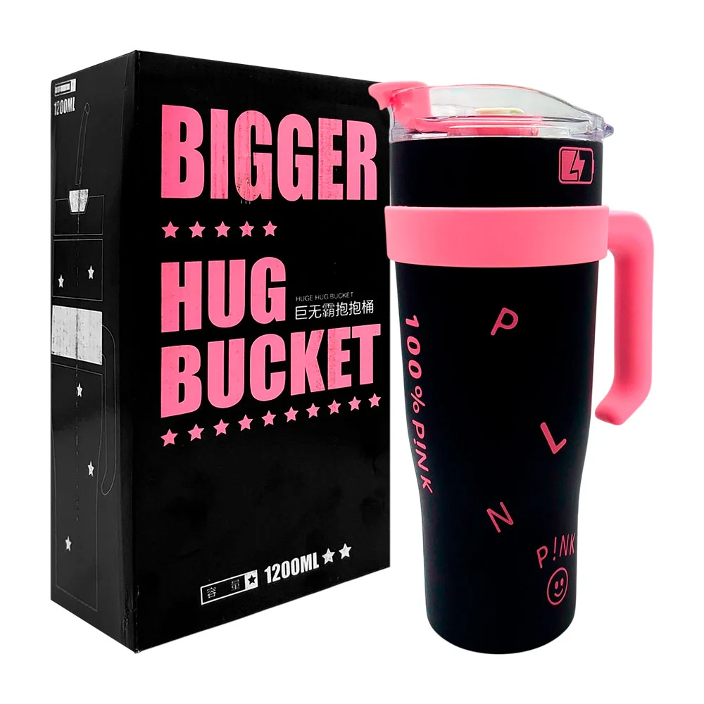 1pza Vaso termo metálico con asa agarradera, tapadera translúcida y estampado de letras / bigger hug bucket / pink / 1200ml / n1-108