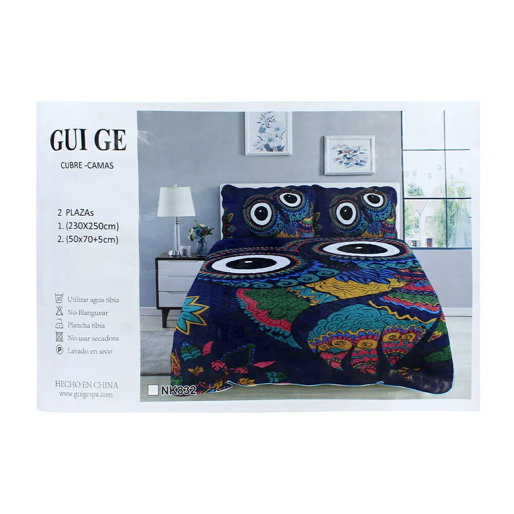 Set de colcha cubre camas matrimonial color azul con diseño de búhos y 2 fundas para almohada, 2 plazas 230×250 / nk832