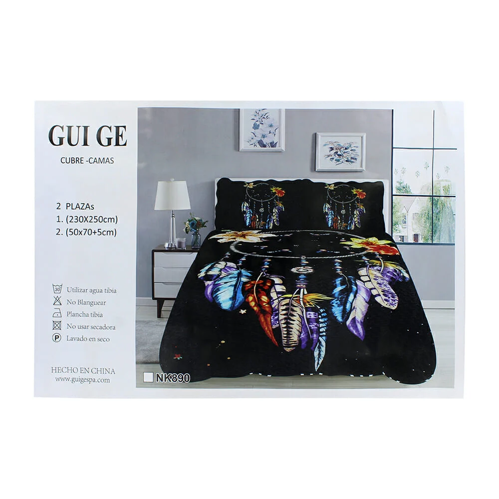 Set de colcha cubre camas matrimonial color negro con diseño de atrapasueños y 2 fundas para almohada, 2 plazas 230x250cm / nk890