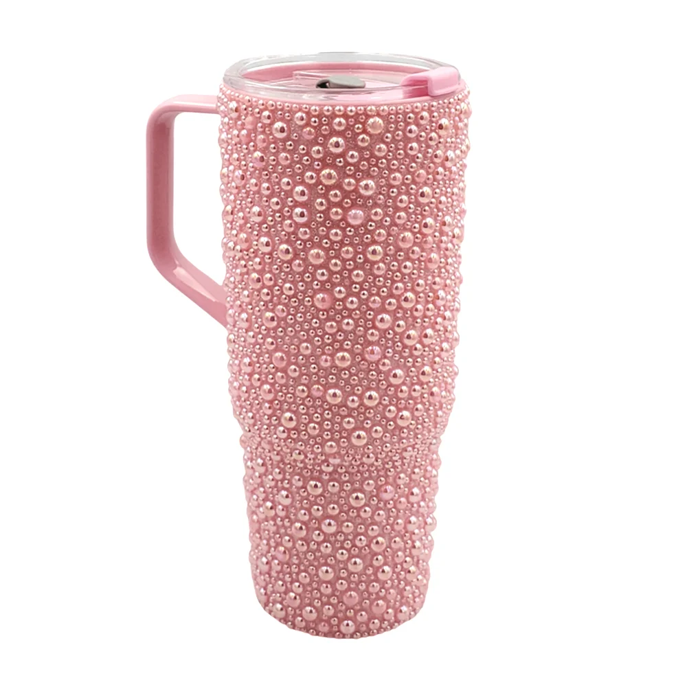 1pza Vaso termo grande de plástico rígido, con asa agarradera, decoración de perlas y textura diamantada, variedad de colores / pearl cup / 40oz / of-220