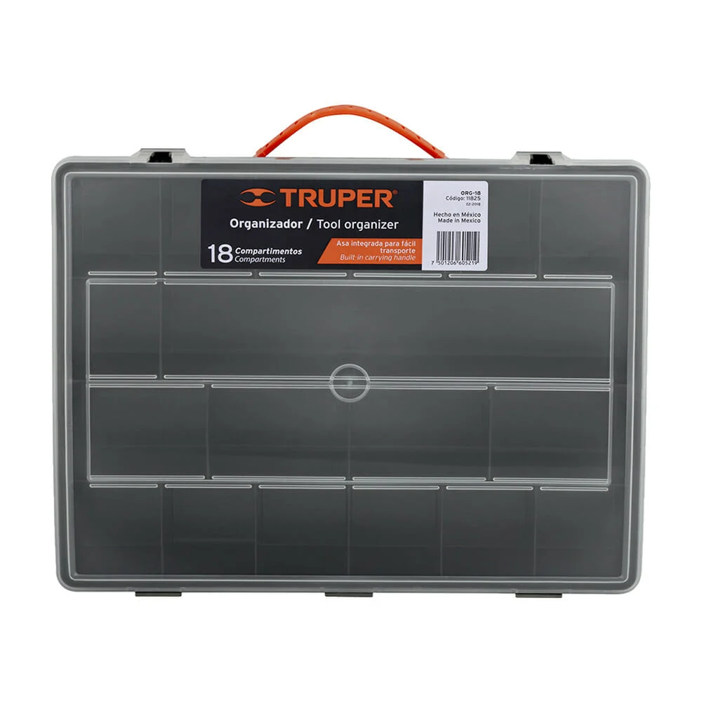 Organizador tool organizer truper de plástico con asa agarradera y 18 compartimentos para herramienta