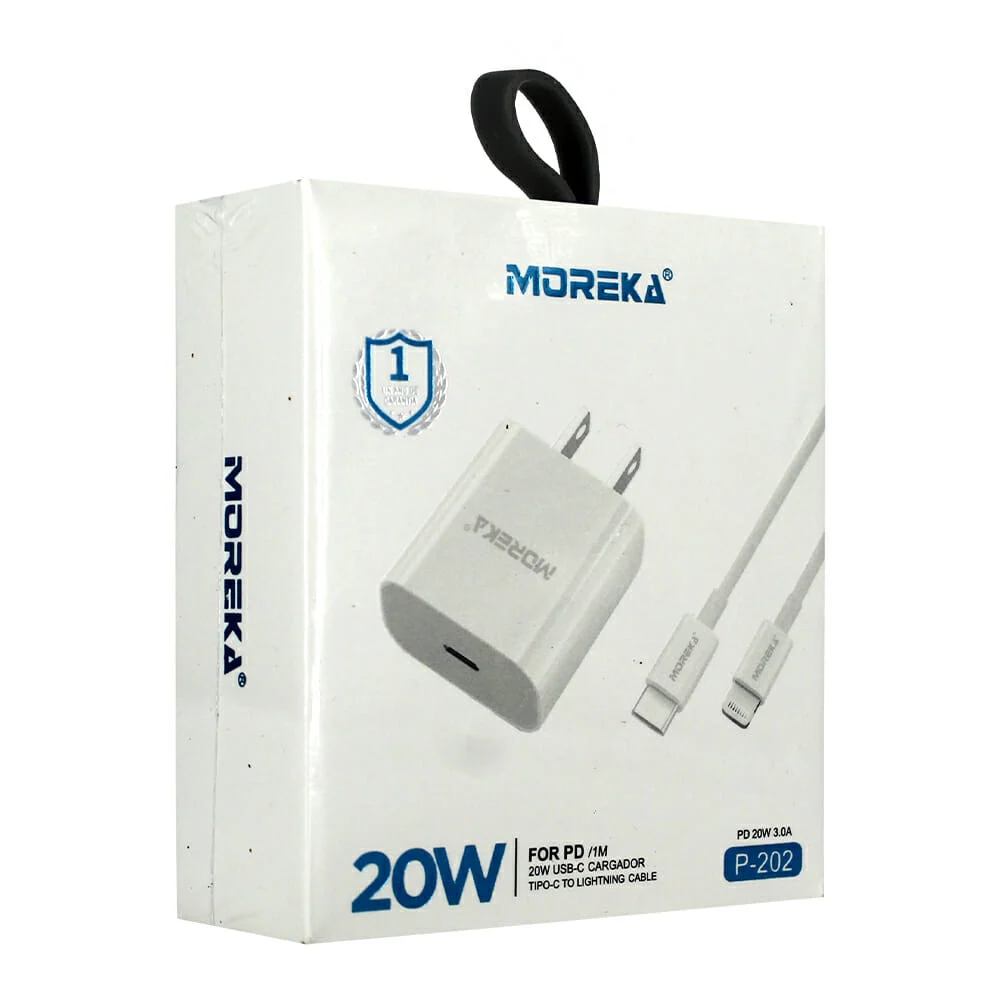 Combo cargador moreka con cable de 1metro entrada tipo-c a lightning de 20w / p-202