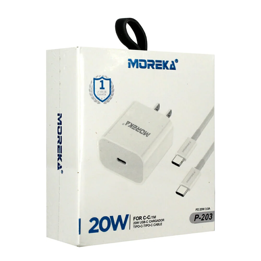 Combo cargador moreka de 1 metro tipo-c a tipo-c de 20w / p-203