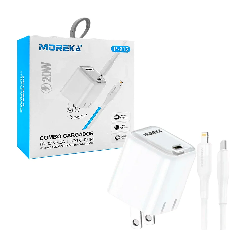 Combo cargador de 20w con cable tipo lightning y cubo cargador con entrada tipo c plegable / p-212